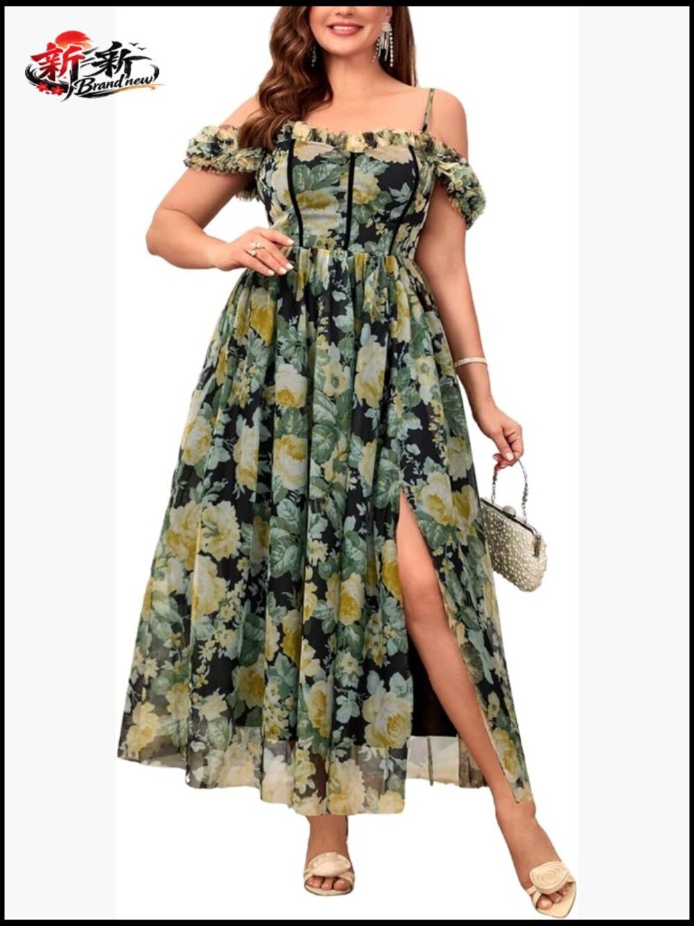 Plus Size Formal Floral Tulle Midi Dress with Slit Off Shoulder Sweetheart